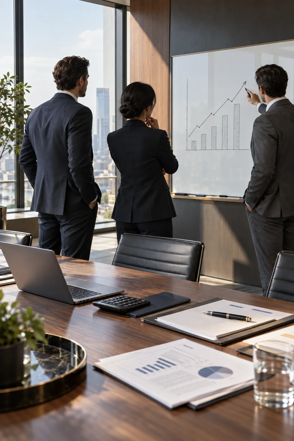 Business advisors discussing a growth chart in a modern boardroom, seen from behind