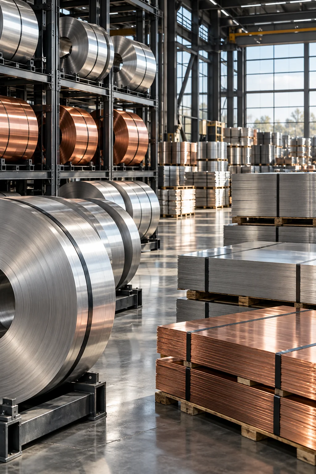 Clean, organized aluminum, copper and steel stock in a modern materials facility